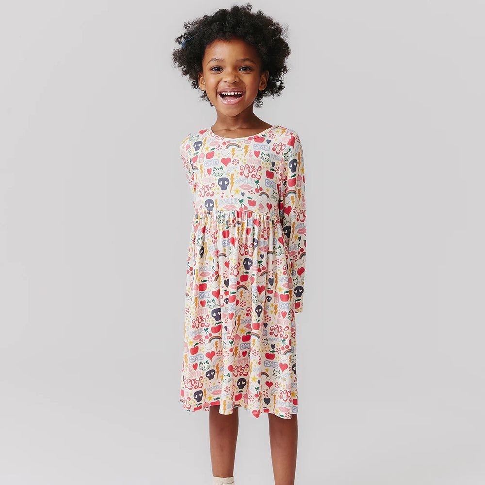 Pink Chicken Girls Long Sleeve Bamboo Steph Twirl Dress in Journal Doodle Sz 7Y